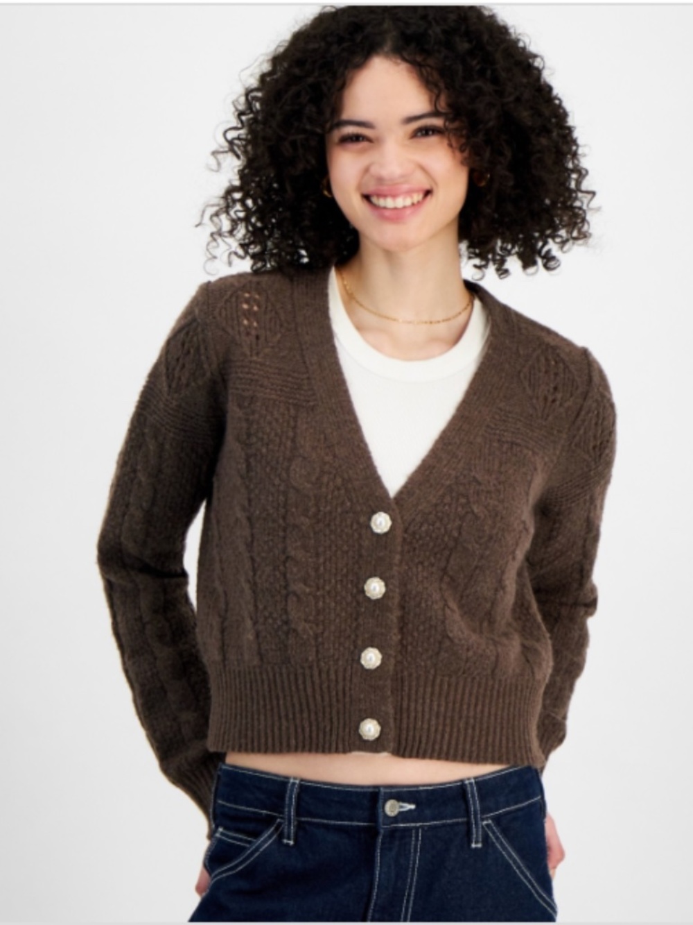 Sugar Moon Juniors' Cable-Knit Bling-Button Cardigan Sweater - Mocha Plum SIZE L